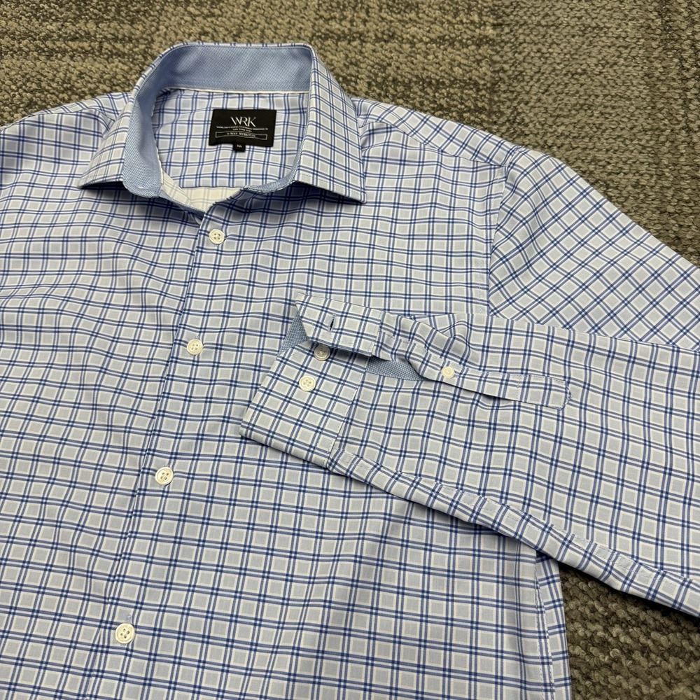 WRK 4 Way Stretch Blue Plaid L/S Button Up Men's Performance Dress Shirt size 16
